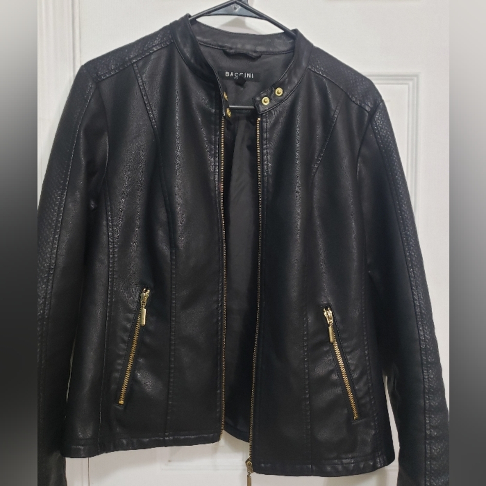 Baccini Women's Black Leather Jacket with Gold Zippers